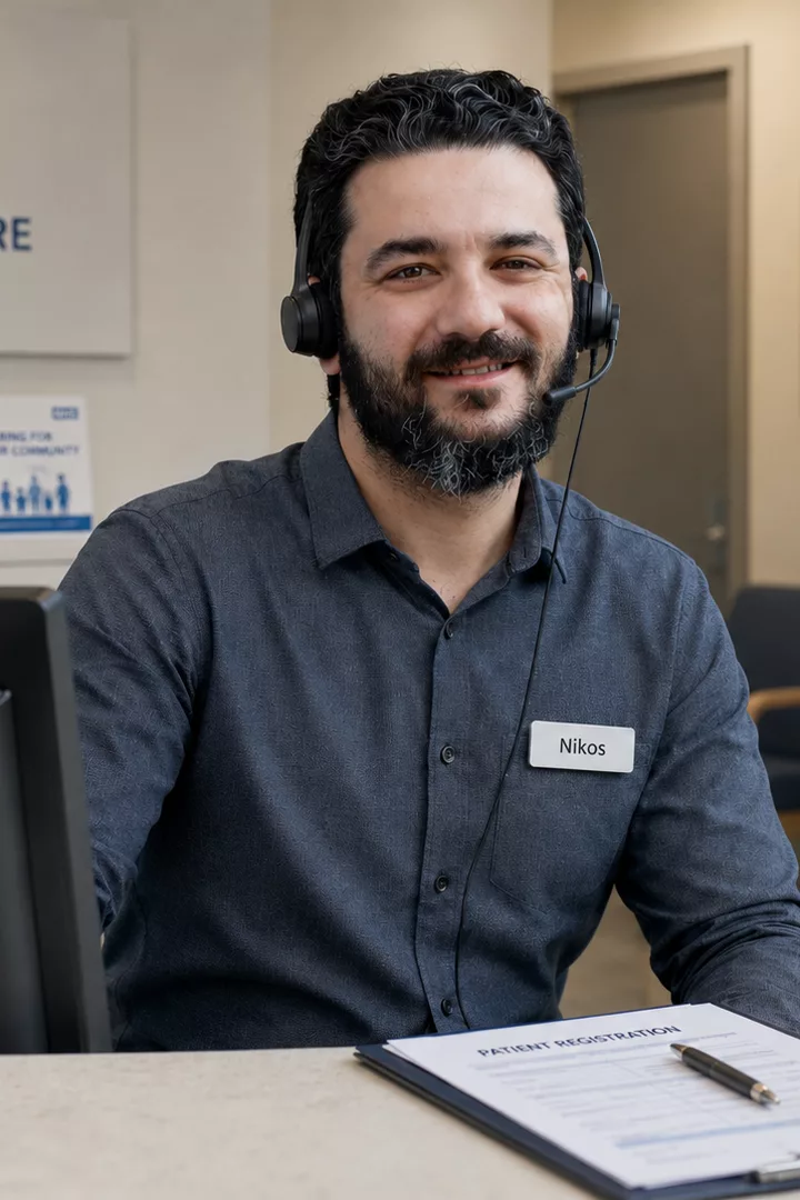 A reception colleague at the front desk of an NHS medical clinic, wearing a telephone headset